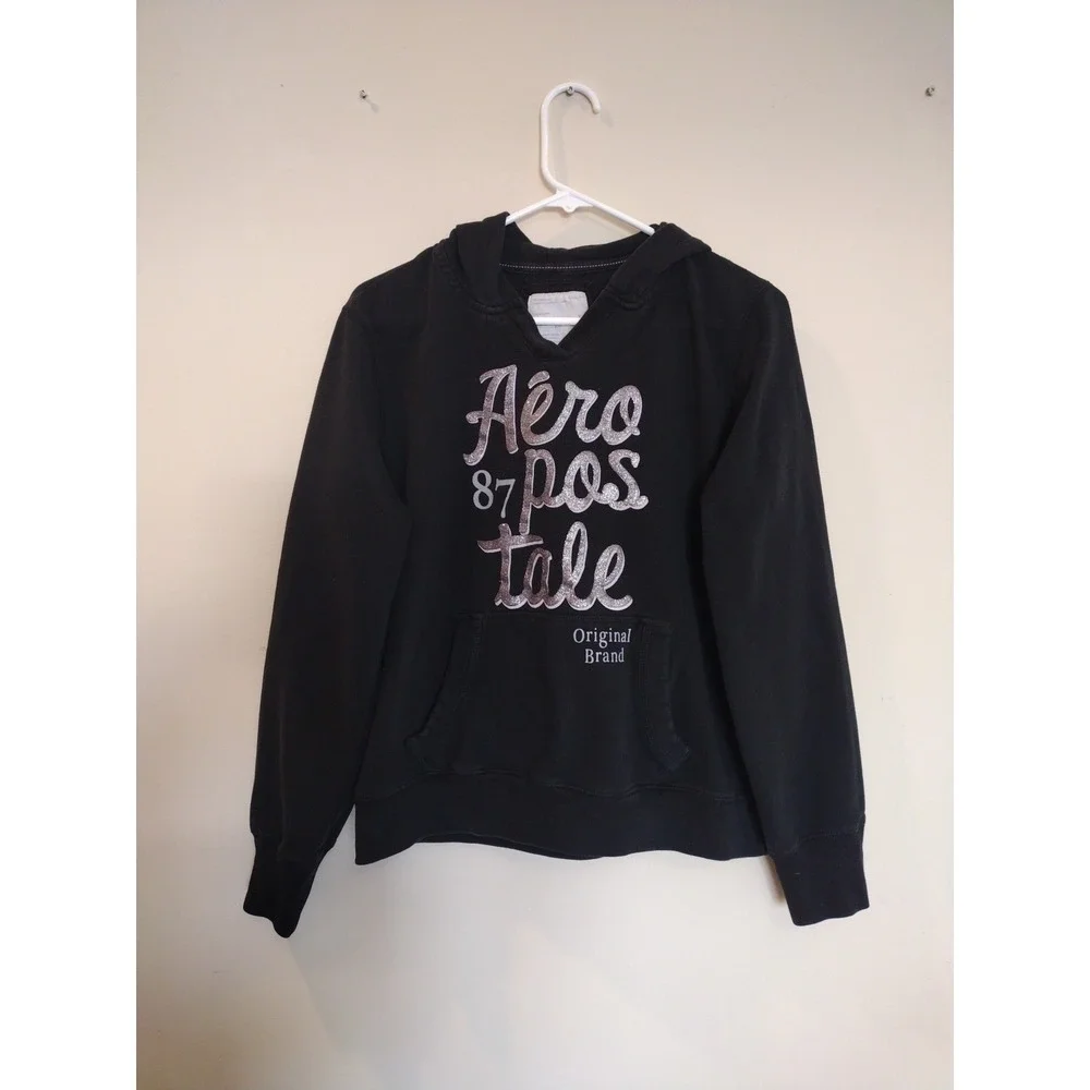 Aeropostale Hooded Sweatshirt Kid XL‎ Black Silver Glitter Logo Pullover Junior